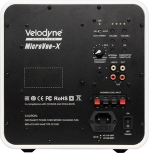 Subwoofer Velodyne MicroVee-X branco, vista traseira com painel de comandos, conectores RCA e terminais para altifalante