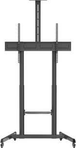 TV-Ständer Norstone Pro Vision Max aus schwarzem Stahl, Vorderansicht, zwei röhrenförmige Stützen verbunden durch eine perforierte horizontale Stange, mittlere geteilte Säule als Verlängerung der Struktur und V-förmige Basis mit vier Rollen