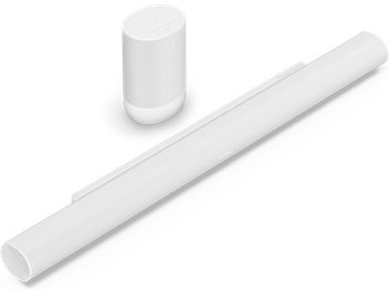 ARC Ultra soundbar og Move 2 i mat hvid, set i perspektiv, cylindrisk form, glat overflade, ensartet farve