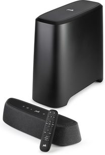 Mat sort Polk Audio MagniFi Mini AX soundbar med sort fjernbetjening, set forfra og i trekvartprofil