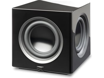 Subwoofer MartinLogan Abyss 10 negro lacado, forma cúbica, frontal y lateral con altavoces visibles