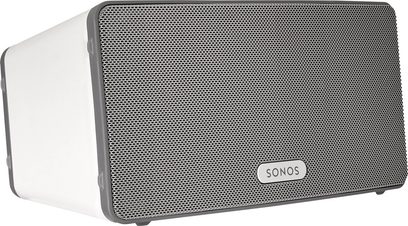 Trådlös Sonos PLAY:3-högtalare i vitt, vertikal rektangulär form, svart grill på framsidan, matt vit plast