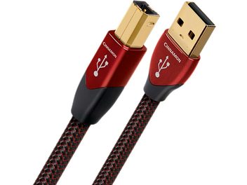 Cavo USB Audioquest Cinnamon da A a B da 5m, connettori dorati, guaina intrecciata rossa e nera, vista frontale e laterale