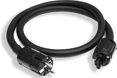 Czarny kabel zasilający Taga Harmony ETPC TS IEC7 1,3m z wtyczkami IEC i Schuko, widok z przodu