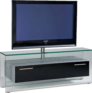 Ceres TV-møbel i glas og sort metal med åben hylde, skuffe og holder til fladskærm fra Samsung