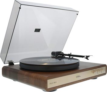 Brun Enova HIFI VELA MV2-pladespiller, gylden front, åbent gennemsigtigt støvlåg, plade og sort tonearm