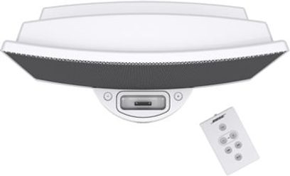 Hvid Bose SoundDock multimediehøjttaler set forfra, med USB-port og kontrolknapper på basen