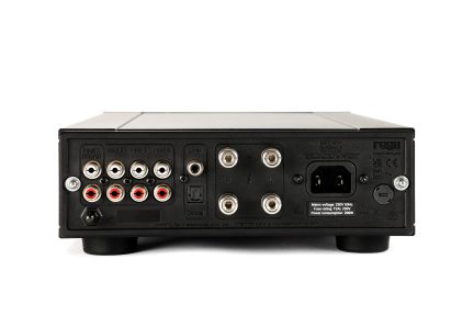 Rear view of a black electronic device with 4 RCA inputs, 1 coaxial input, 1 optical input, 4 audio terminals, and a power socket