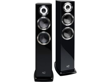 Altavoz de columna Cabasse Murano Alto negro lacado, vista frontal y de tres cuartos, tres altavoces circulares visibles