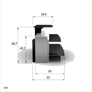Sort Erard Louis 2567 audio-/videomøbel med 3 niveauer, set forfra med dimensioner i cm, på hvid baggrund
