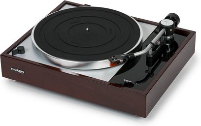 Thorens TD 1500 lackerad valnötsskivspelare, svart tallrik, tonarm, pickup, tonarmslyftenhet, trähölje, ovanifrånvy