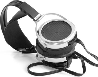 Åben hi-fi hovedtelefon STAX SR-009 med cirkulære elektrostatiske transducere, hovedbøjle og ørepuder i sort læder