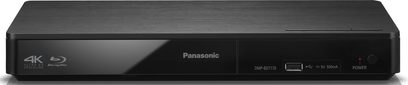 Panasonic DMP-BDT170 4K Blu-ray-afspiller, set forfra, sort rektangulært kabinet, blank front, USB-port, LED-display, tænd/sluk-knap