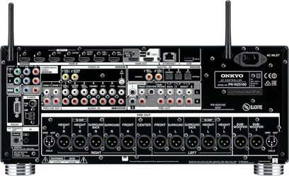 Onkyo PR-RZ5100 sort home cinema forforstærker, set forfra, mange audio/video-tilslutninger på bagsiden, knapper og drejeknapper på toppen