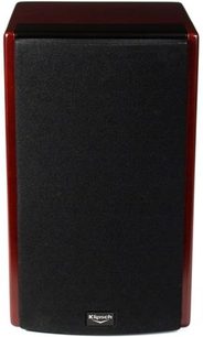 Klipsch Icon WB-14 bogreolhøjttaler, sort og rød, set forfra, sort gitter, mørkerødt blankt træramme