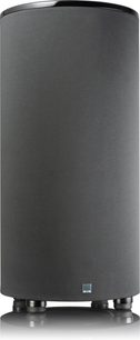 Subwoofer cilindrico nero laccato SVS PC-2000 Pro, vista frontale, posizionato su 4 piedini, con griglia nera