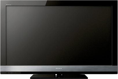 Sort Sony KDL-40EX700 fladskærms-TV set forfra, slukket, med smal sølvfarvet ramme og mørk grå rektangulær fod