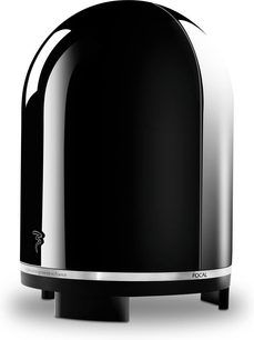 Kompakt Focal Bird + højttaler med sort dome, blankt sort basreflekskabinet, set forfra, afrundet form, sort gitter