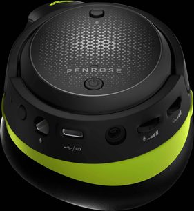Penrose Xbox Audeze hovedtelefoner i sort og neongrøn, set oppefra, perforeret gitter på ørepuderne