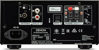 Denon D-T1 sort hi-fi minianlæg, bagside, analoge og digitale lydstik, FM-antenne, USB-port, 30W