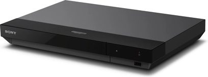 4K Blu-ray-afspiller Sony UBP-X700K sort, rektangulær med blank front, synlige knapper og USB-port, set fra trekvart vinkel foran