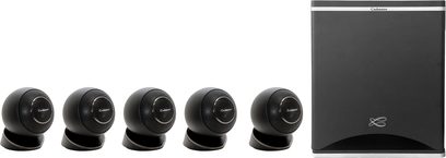 Cabasse Eole 4 højttalersæt i sort og Santorin 25 M3 subwoofer, 5 sfæriske satellitter, set forfra