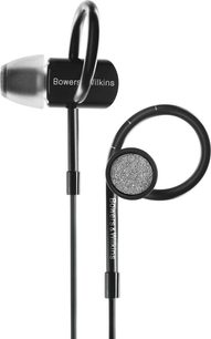 Černá intraaurální sluchátka Bowers & Wilkins C5 S2 s oválnými nástavci a stříbrným válcovým kabelovým ovladačem