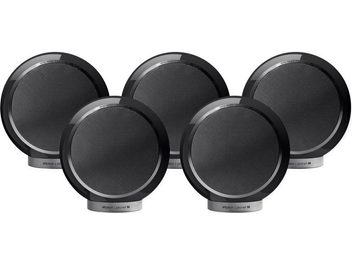 Five compact Elipson Planet M black lacquered speakers, front view, black grilles, silver outlines, arranged side by side