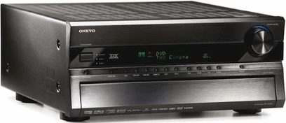 Onkyo PR-SC886 black home theater receiver, front view, blue LED display, silver buttons and knobs