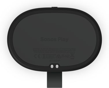 Black Sonos Play speaker viewed from below showing oval base and three metallic connection contacts