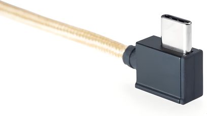 iFi Audio USB 3.0-kabel type C til C, close-up af metal USB‑C-stik, beige flettet kappe, sort hus