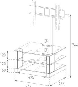TV-møbel i glas og metal med 3 hylder, dimensioner i mm: L485 x D475 x H744