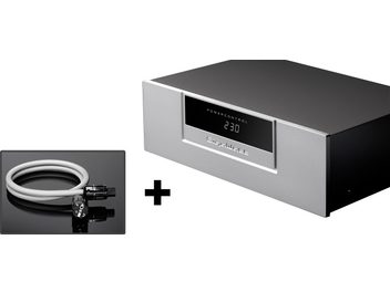 GigaWatt PowerControl strømkonditioneringsanlæg i sølv med PowerSync Plus-kabel, sort frontpanel, rødt LED-display