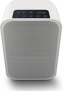 Diffusore BlueSound PULSE FLEX 2i bianco, vista frontale, griglia metallica forata, pulsanti sulla parte superiore, forma rettangolare arrotondata