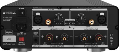 Rød SPL Performer s900 hi-fi-effektforstærker, bagside med XLR- og RCA-indgange samt højttalerudgange