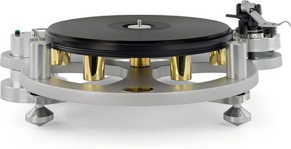Michell Engineering Gyro SE platespiller, sølvfarget aluminium, svart tallerken, gyldne vekter, tonearm til høyre, 3/4 frontvisning