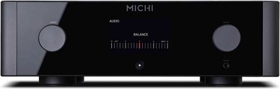 Michi P5 stereo forforstærker i sort, set forfra, 2 drejeknapper, LED-display "BALANCE", hovedtelefon- og mikrofonstik