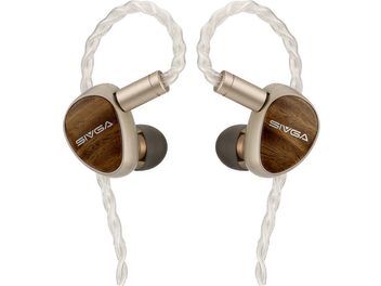 Sivga Que UTG in-ear oordopjes met bruin geaderde buitenzijden, goudkleurige randen en een witte gevlochten kabel