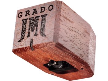 Gramofonová přenoska Grado Sonata 3 ze dřeva, detailní záběr shora mírně zešikma, viditelný nápis „GRADO JMI“