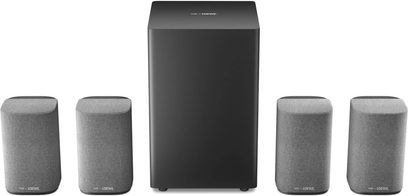 Pachet de boxe compacte Loewe We. BOOST negru și gri, cu subwoofer central și patru sateliți