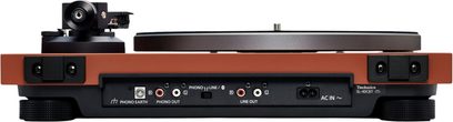 Technics SL-40CBT vinylpladespiller i terracotta, bagside, metalplade, RCA phono/line-udgange og AC IN-indgang