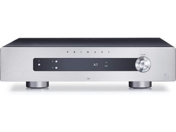 Primare I25 silver stereo hi-fi amplifier, front view with buttons, knob, display, headphone jack