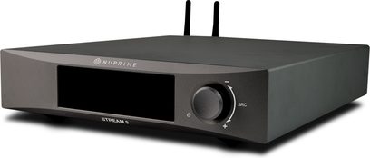 Czarny odtwarzacz sieciowy Nuprime Stream 9, widok z przodu, czarna obudowa z wyświetlaczem, pokrętłem i portami, dwie anteny Wi-Fi
