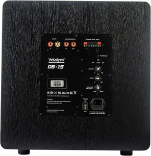 Velodyne DB-15 sort baskabin, frontvisning, kontrolpanel med knapper, drejekontakter og stik