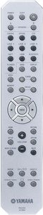 Yamaha RAX26 ZU73860 fjernbetjening med knapper til R-N402D hi-fi stereoforstærker, set forfra, sølvfarvet finish