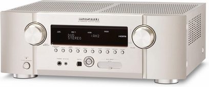 Marantz SR5003 sølvfarvet surround receiver set forfra, front med display, knapper og stik