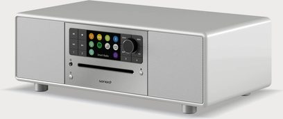 Radio Sonoro Prestige сребристо бляскаво - сребристо, преден изглед, фасада с екран, бутони и високоговорител, сребрист правоъгълен корпус