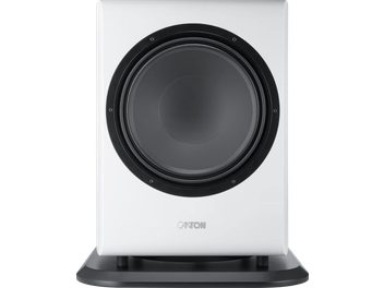 Subwoofer Canton Vento Sub 1 blanco mate, vista frontal con gran altavoz negro sobre base negra