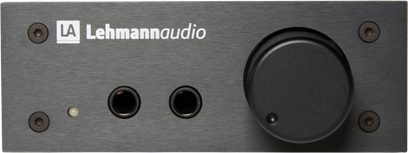 Sluchátkový předzesilovač Lehmann Audio Linear D MKII černý, čelo z broušeného hliníku se dvěma sluchátkovými konektory a velkým otočným ovladačem