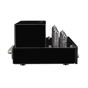 Amplificatore a valvole Line Magnetic LM-84IA nero, vista laterale, telaio rettangolare e valvole a vista